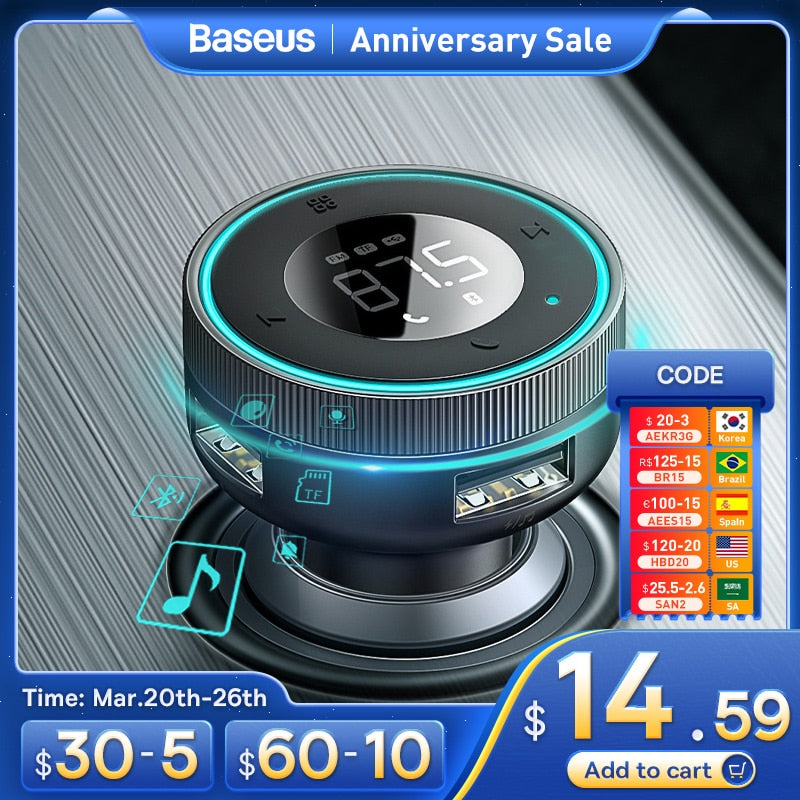 Baseus FM Transmitter Car Bluetooth 5.0 Music Adapter 3.4A Dual USB Car Charger MP3 Player Radio FM Modulator