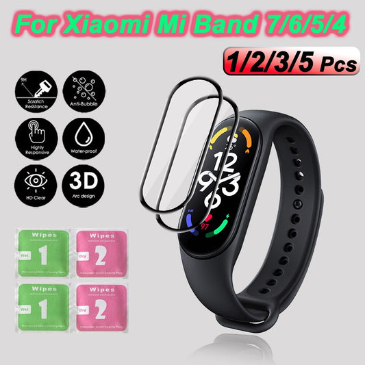 1/2/3/5Pcs 3D Tempered Glass For Xiaomi Mi Band 5 6 7 Screen Protector Glass Watch Protective Film For Mi Band 4 Protection